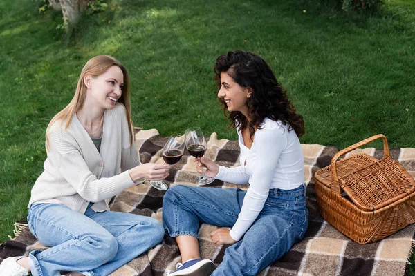 Feliz pareja lesbiana tintineo vasos de vino tinto durante el picnic - foto de stock