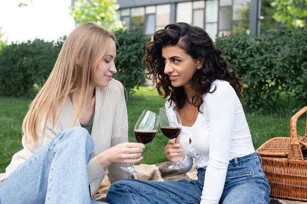 Sonriente lesbiana pareja tintineo vasos de vino tinto durante el picnic - foto de stock