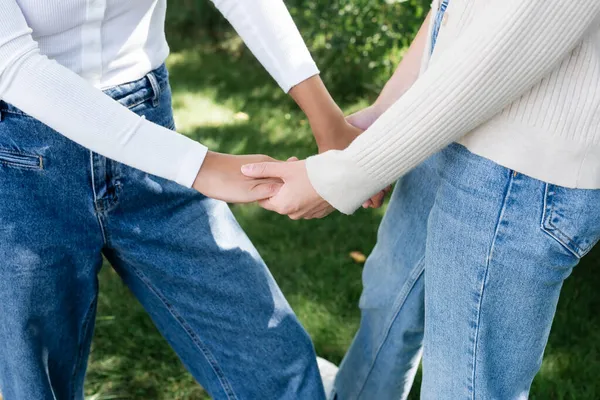 Vista recortada de mujeres lesbianas en jeans tomados de la mano afuera - foto de stock