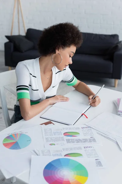 Vista lateral da mulher afro-americana escrevendo no notebook perto de documentos com gráficos em casa — Fotografia de Stock