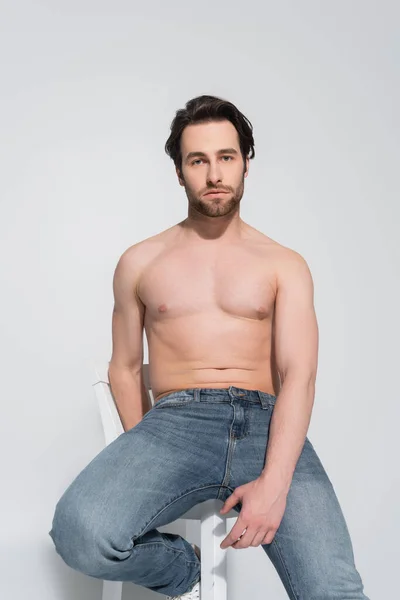 Brunette shirtless man in jeans sitting on white chair and looking at camera on grey — Stock Photo