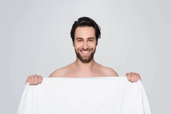 Brunette shirtless man smiling at camera behind white blanket isolated on grey — Stock Photo