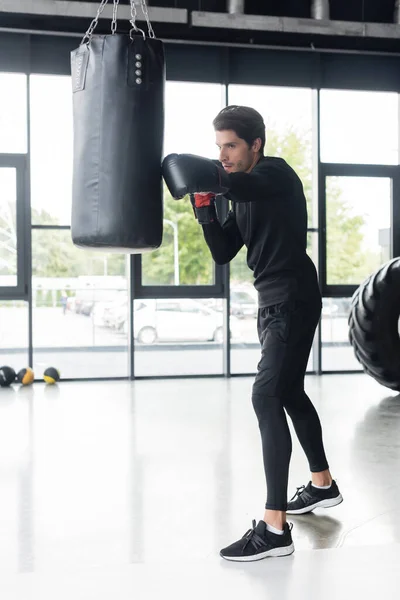 Full length of boxer working out with punching bag in sports center — Stock Photo