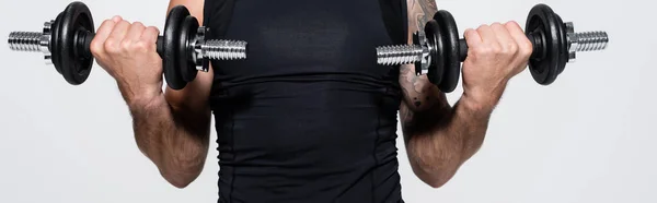 Ausgeschnittene Ansicht des Sportlers beim Training mit Hanteln isoliert auf grau, Banner — Stockfoto