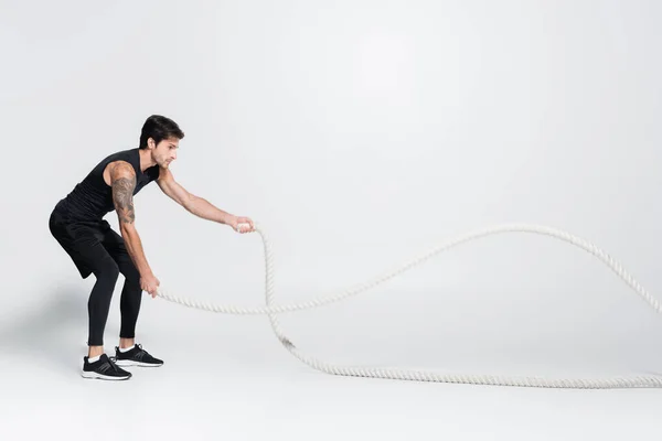Side view of athletic sportsman holding battle ropes during cross training on grey background — Stockfoto