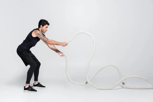 Side view of sportsman working out with battle ropes on grey background — Stock Photo