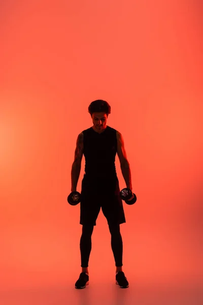 Athletic man in sportswear holding dumbbells on red background — Stockfoto