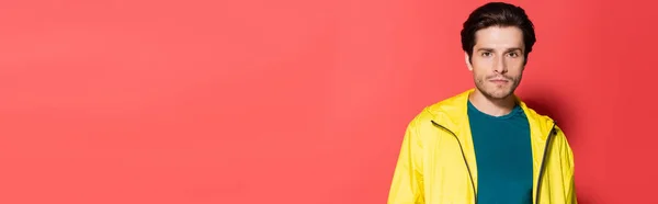 Brunette sportsman in yellow sports jacket looking at camera on red background, banner — Stockfoto