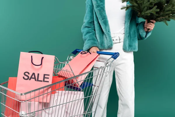 Cropped view of trendy woman with christmas tree near shopping cart with purchases isolated on green — стоковое фото