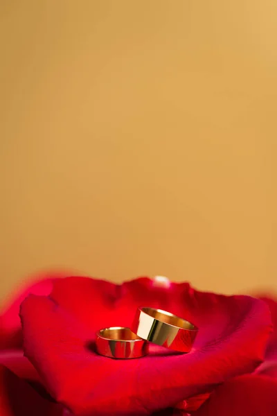 Golden wedding rings on red rose petals isolated on yellow — Fotografia de Stock