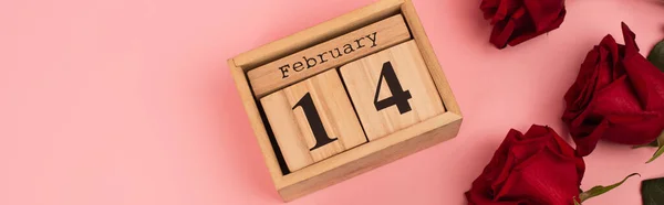 Top view of red roses near calendar with 14 february lettering on pink, banner — Stock Photo