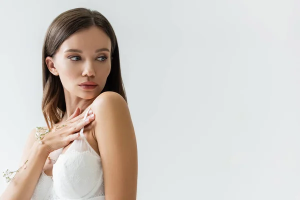 Bella donna bruna con fiori di gypsophila sul corpo toccare reggiseno isolato su grigio — Foto stock