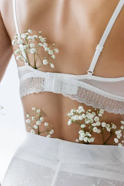 Частковий вигляд жінки в мереживному бюстгальтері з квітами гіпсофіли на спині ізольовані на білому — стокове фото