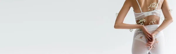 Vista cortada da mulher em collants brancos e sutiã, com flores de gypsophila no corpo, de pé com as mãos atrás das costas isoladas em cinza, banner — Fotografia de Stock