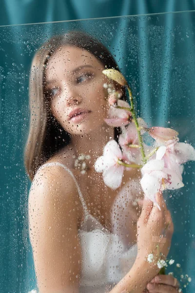 Young brunette woman posing with white orchid near wet glass and green drapery on background — Stock Photo