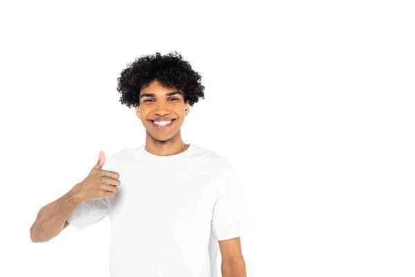 Happy african american man in t-shirt showing thumb up isolated on white — стоковое фото