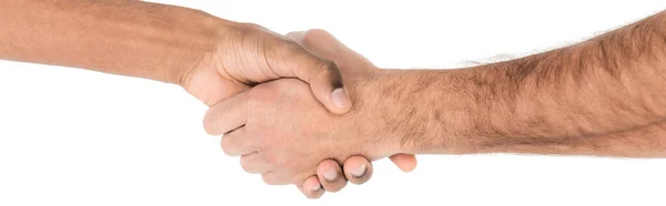Visión parcial de los hombres interracial estrechando las manos aislados en blanco, bandera - foto de stock