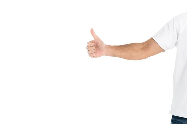 Частковий вид людини, що показує великий палець вгору ізольовано на білому з простором для копіювання — стокове фото