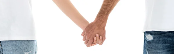 Teilansicht von Mann und Frau mit isolierten Händen auf weißem Banner — Stockfoto