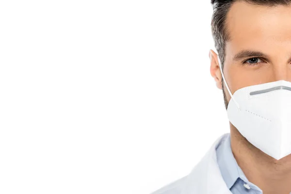 Close up view of cropped doctor in medical mask looking at camera isolated on white — Foto stock