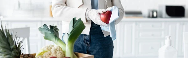 Cropped view of woman in latex gloves cleaning apple with rag near fresh food at home, banner — Stockfoto