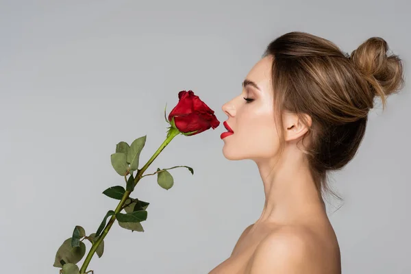 Профиль молодой женщины с обнаженными плечами, пахнущей красной розой, изолированной на сером — стоковое фото