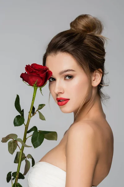 Charming woman with perfect skin and red rose looking at camera isolated on grey — Stock Photo