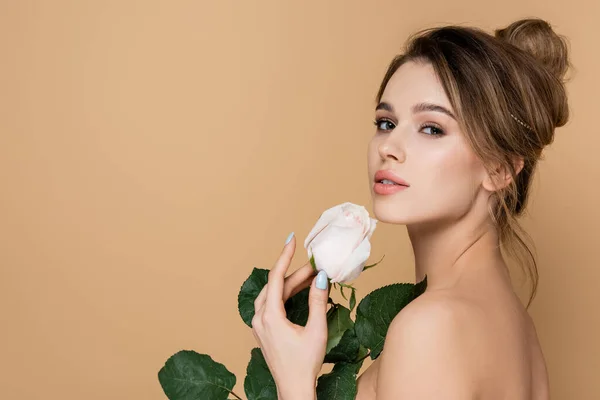 Mujer joven con maquillaje natural mirando a la cámara cerca de rosa blanca aislada en beige — Stock Photo