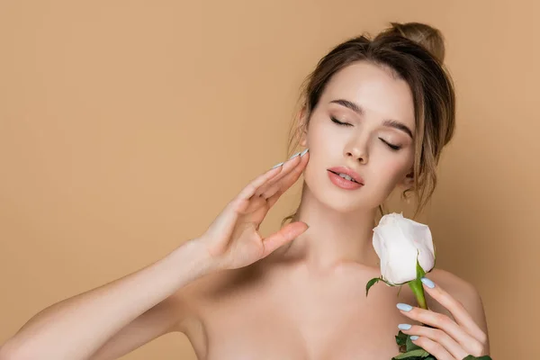 Young woman with closed eyes and bare shoulders touching face near white rose isolated on beige — Stock Photo