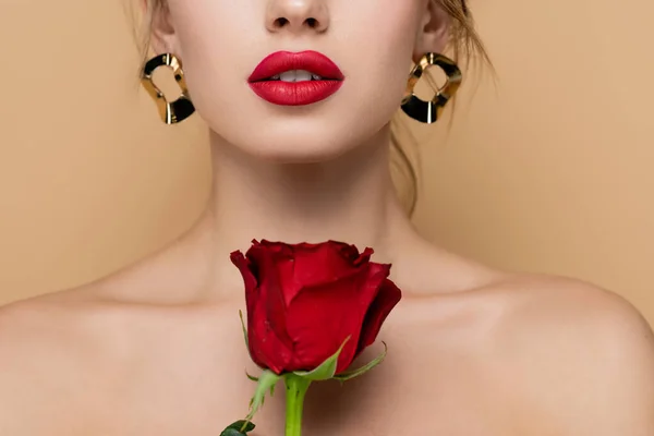 Vista recortada de mujer joven con labios rojos y rosa aislada en beige - foto de stock