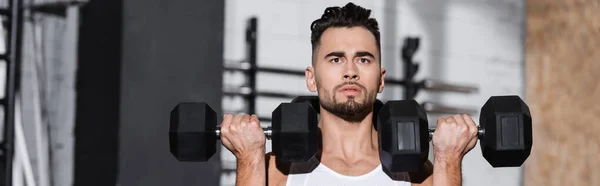 Entrenamiento de deportista con pesas en el gimnasio, pancarta - foto de stock