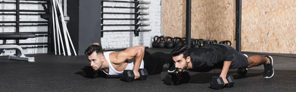 Young interracial friends doing press ups with dumbbells in gym, banner — Stock Photo