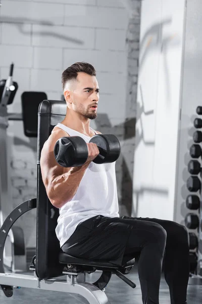 Entrenamiento de deportista enfocado con mancuerna en centro deportivo - foto de stock