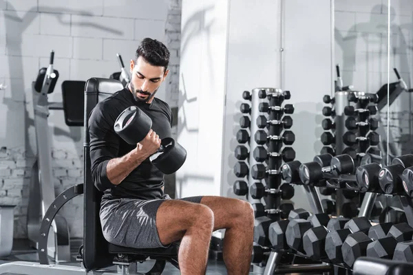 Мусульманский спортсмен смотрит на гантели во время тренировки в спортзале — стоковое фото