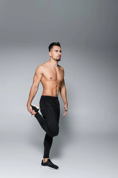 Volle Länge des bärtigen und muskulösen Sportlers Stretching Bein auf grau — Stockfoto