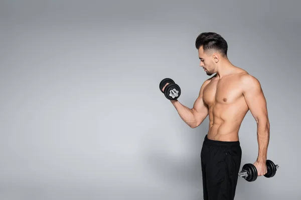 Deportista sin camisa y musculoso haciendo ejercicio con mancuernas en gris - foto de stock