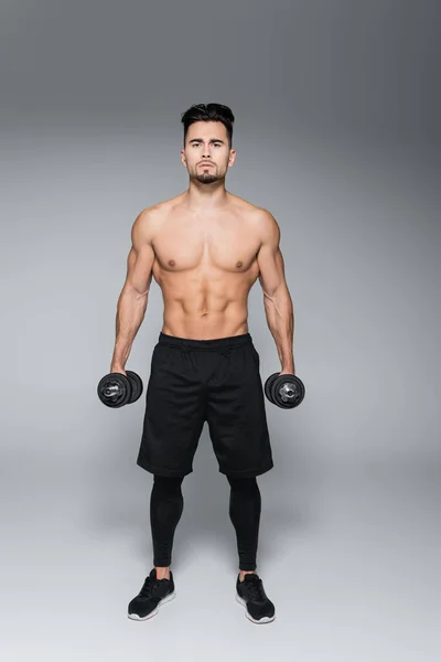 Full length of muscular sportsman working out with dumbbells on grey — Stock Photo