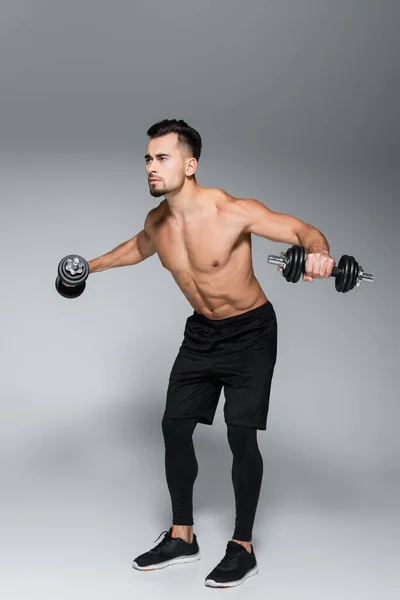 Comprimento total de treinamento desportivo forte com halteres em cinza — Fotografia de Stock