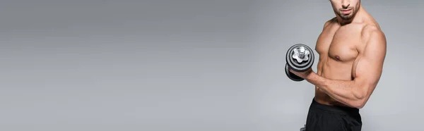 Visão parcial do treinamento homem barbudo forte com halteres em cinza, banner — Fotografia de Stock