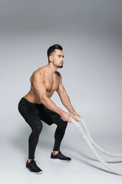 Tutta la lunghezza del forte allenamento da sportivo barbuto con corde da battaglia su grigio — Foto stock