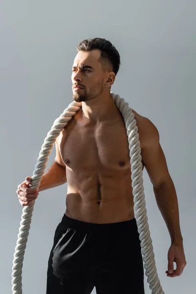 Deportista sin camisa sosteniendo pesadas cuerdas de batalla en los hombros mirando hacia otro lado aislado en gris - foto de stock