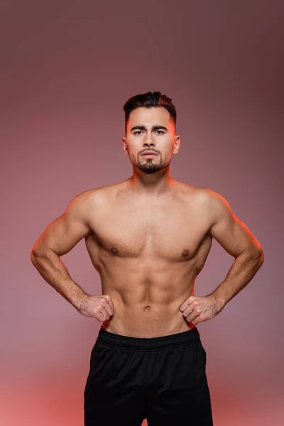 Iluminación en el hombre fuerte con músculos posando con las manos en las caderas en rosa y gris - foto de stock