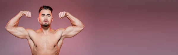 Iluminación en el hombre fuerte que muestra los músculos en rosa y gris, bandera - foto de stock