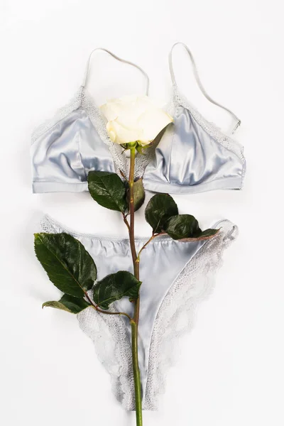 Vue du dessus de rose fleur sur lingerie sur fond blanc — Photo de stock
