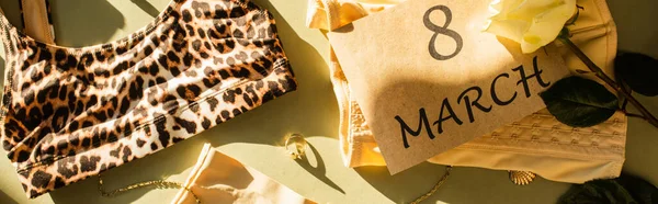 Top view of lingerie near card with 8 march lettering and rose on green background, banner — Stock Photo