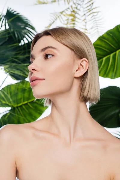 Blonde young woman with bare shoulders near green tropical leaves on white — Stock Photo