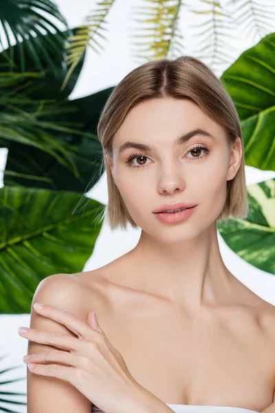Young woman with perfect skin and bare shoulders looking at camera near green palm leaves on white — Stock Photo