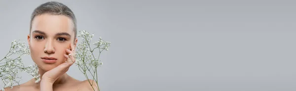 Mulher encantadora com maquiagem natural tocando rosto perto de flores de gypsophila isolado em cinza, banner — Fotografia de Stock