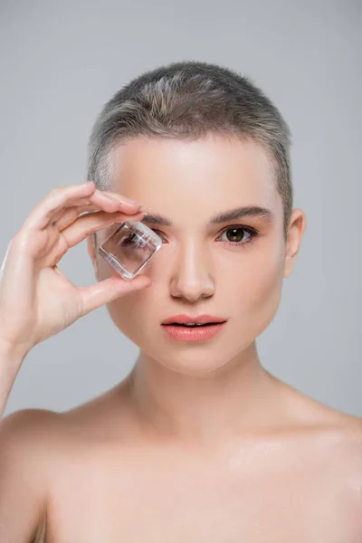 Junge Frau mit perfekter Haut hält Eiswürfel in Gesichtsnähe isoliert auf grau — Stockfoto