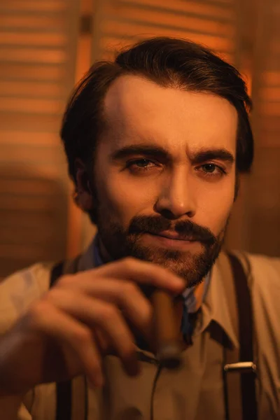 Portrait of man with mustache holding cigar and looking at camera against blurred folding screen — Stock Photo